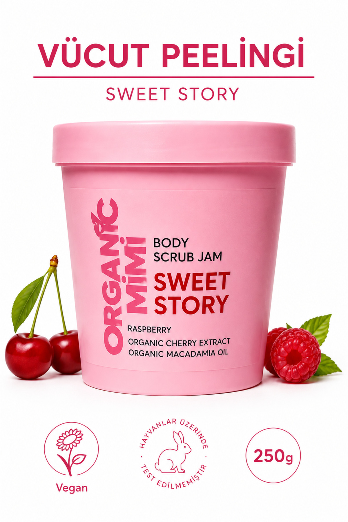 ORGANİC MİMİ Vücut Peelingi Sweet Story – Nemlendirici Vegan Vücut Peeling Jam, Çilek Bacak Peeling, 250 g — 8606032064014