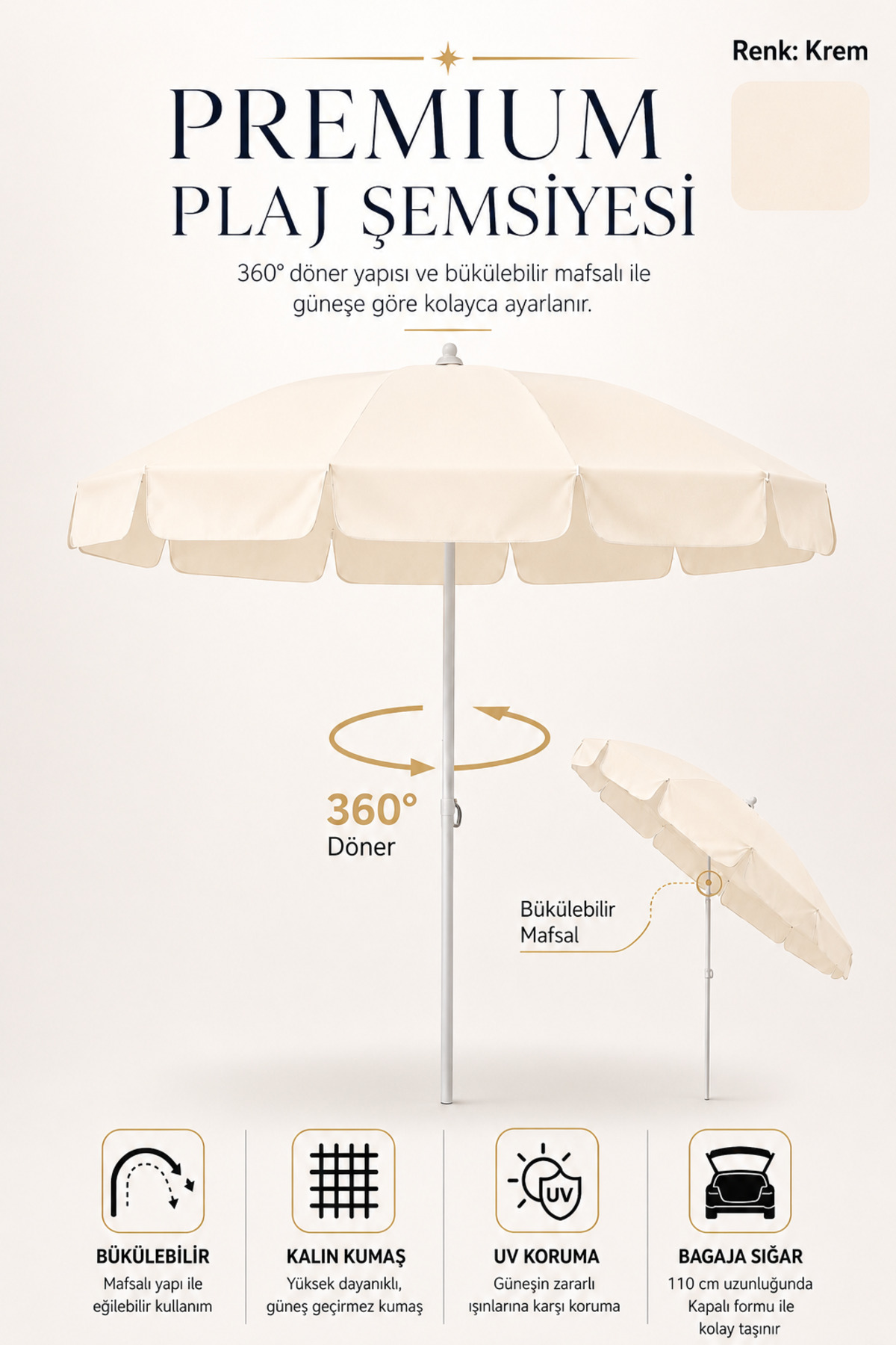 Beach Umbrella , Sun and Balcony Umbrella 180 Cm - 8 Strands Cream Color Thick Fabric