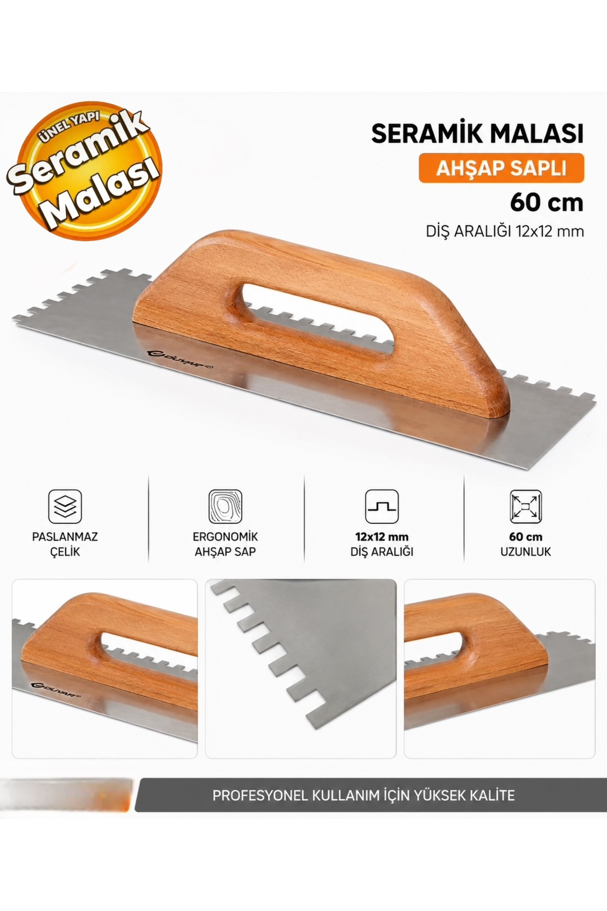 Duyar 433 Kapalı Ahşap Saplı Seramik Malası 60 cm 12x12 Diş