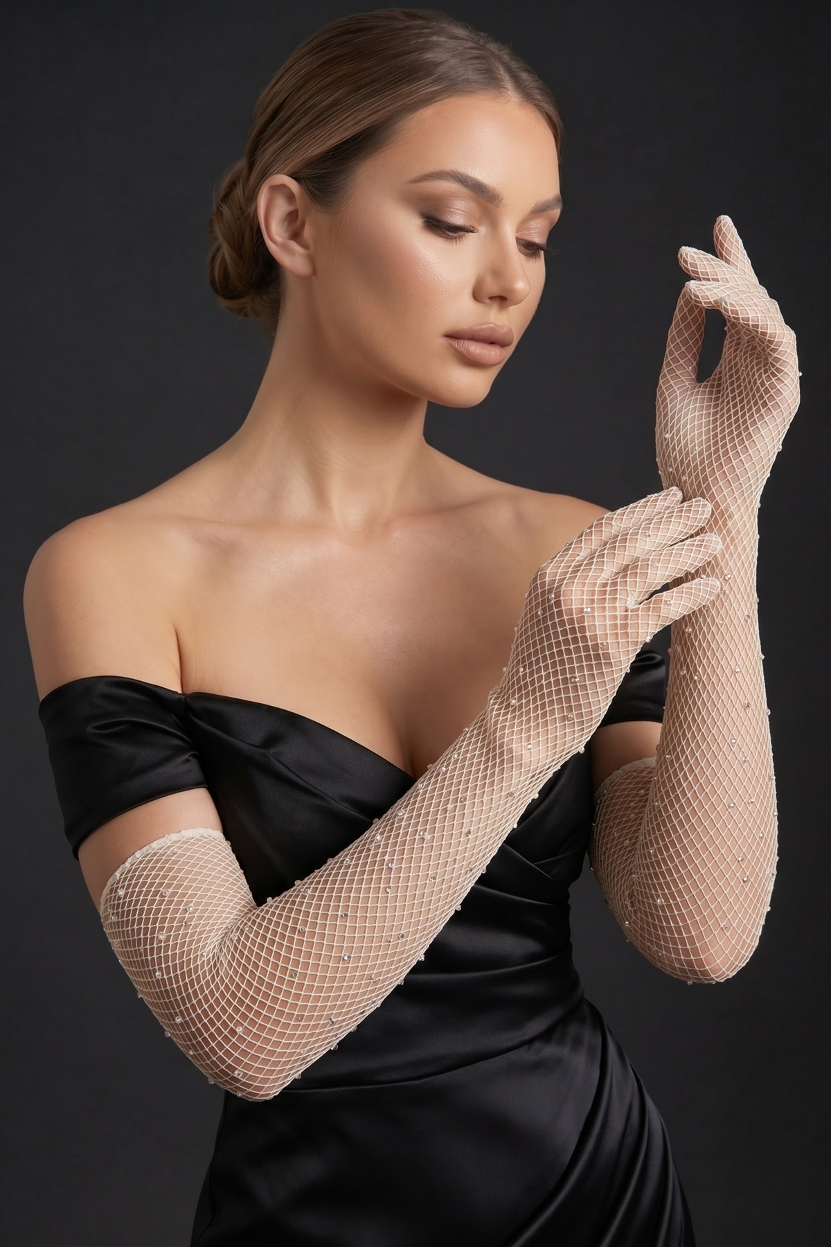 Elegance Scarf Uzun File Taşlı Eldiven Kırık Beyaz Nikah Abiye Davet Gece Söz Kına Nişan Mezuniyet görsel 8