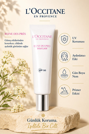 L'Occitane Reine Des Pres Aydınlatıcı UV Korumalı Yüz Kremi, SPF 50, Çayır Kr...