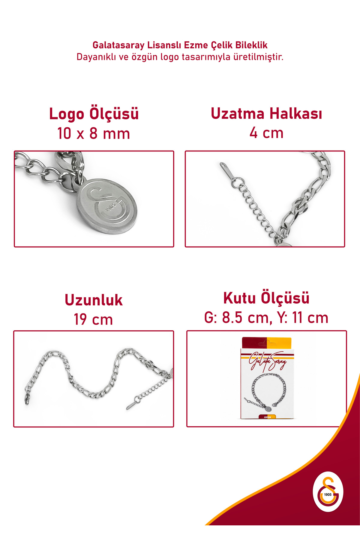 Galatasaray GS Logolu Ezme Desenli Ayarlanabilir 19 cm Çelik Bileklik Gri Lisanslı Taraftar Aksesuarı görsel 3
