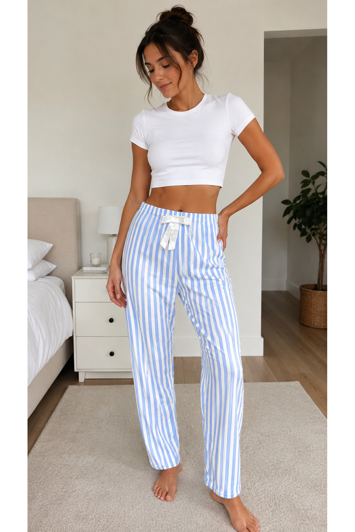 STELLAPİNK Kadın Çizgili Desenli Pamuklu Örme 3’lü Pijama Altı görsel 3