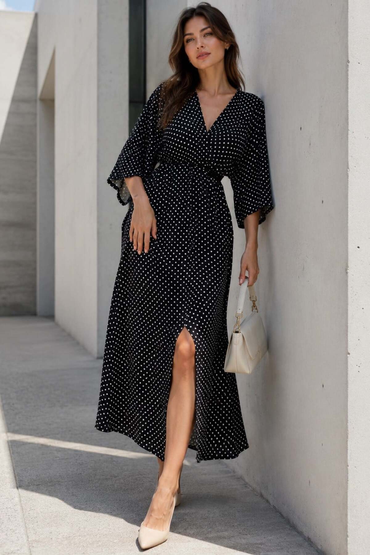 Madmext Black/White Polka Dot Print Long Dress with Slit Detail Mg2321