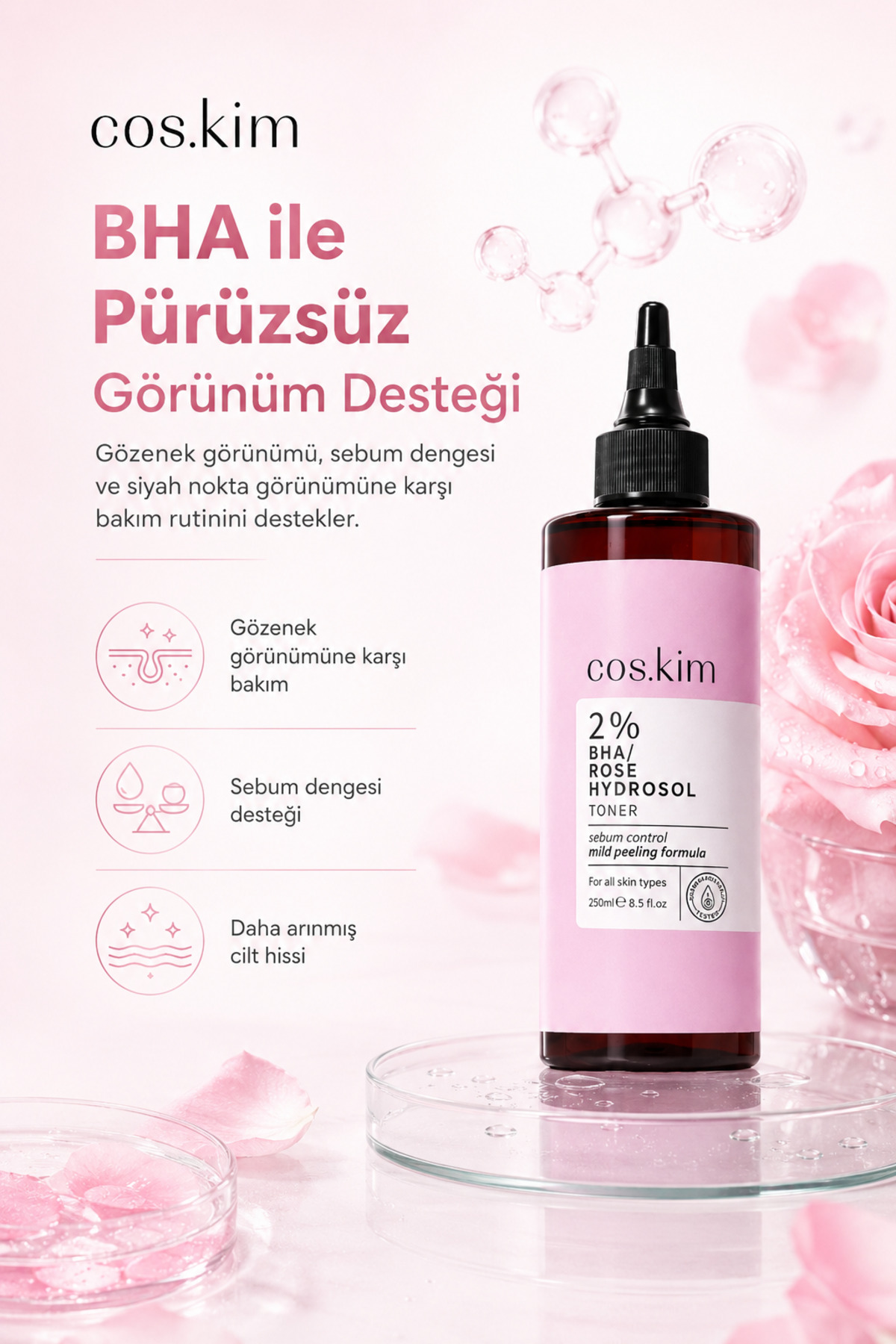 %2 BHA Gül Hidrosol Tonik Gözenek Sıkılaştırıcı Akne ve Siyah Nokta Karşıtı — MK004 — تصویر 5 از 9