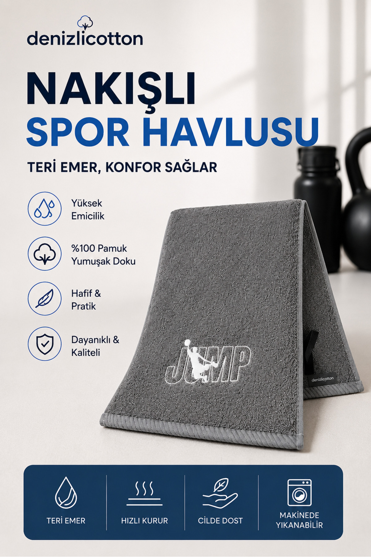 Grey Embroidered Sports Towel 30x90 cm Cotton Sweat Absorbent Fitness Pilates Tennis Boxing Towel