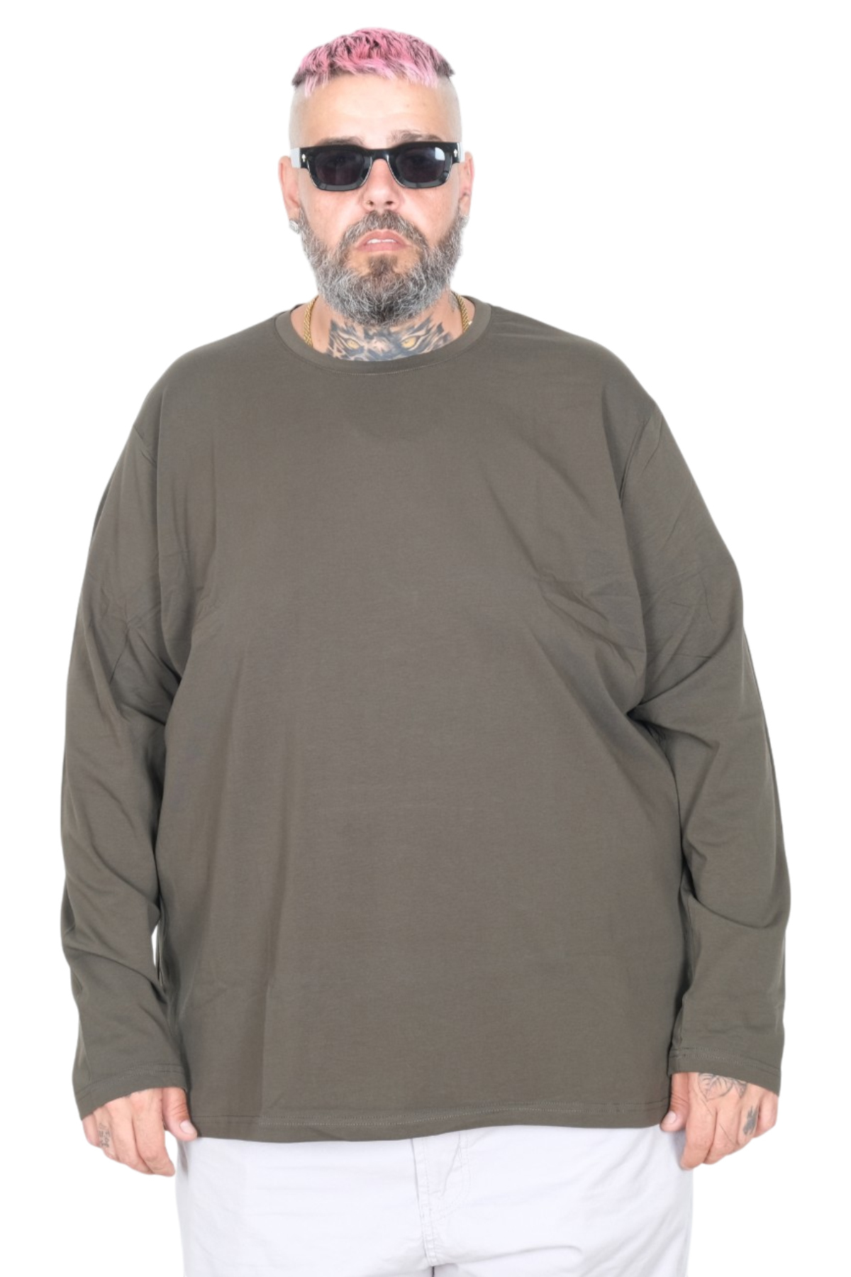 ModeXL Mode XL Büyük Beden Erkek Tshirt Likralı Bisiklet Yaka 20102 Haki