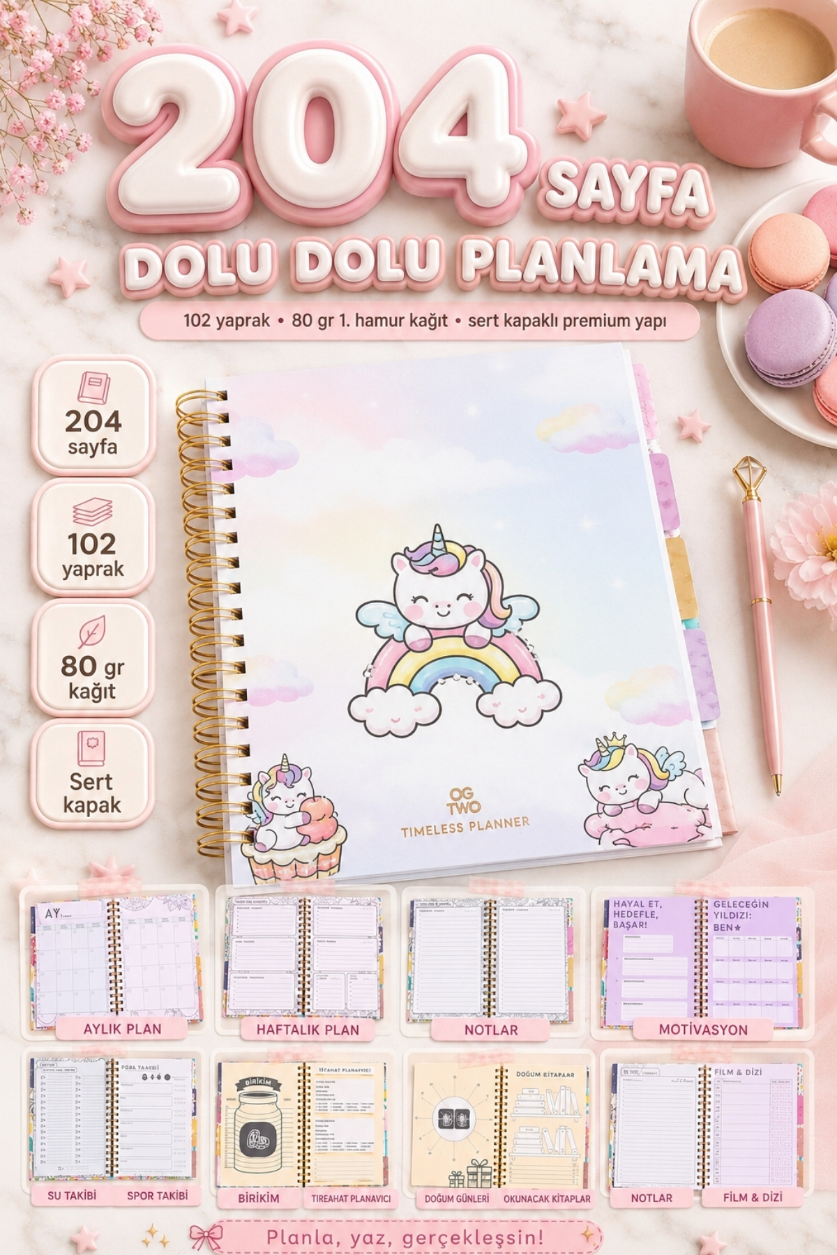 OGTWO 12 Aylık Süresiz Planlayıcı Ajanda 17x24 cm | Tarihsiz Aylık ve Haftalık Planlama | Alışkanlık ve Hedef Takipli Okul Motivasyon Sayfalı | 4 Sayfa Sticker Hediyeli | Undated Planner Ajanda - 204 Sayfa