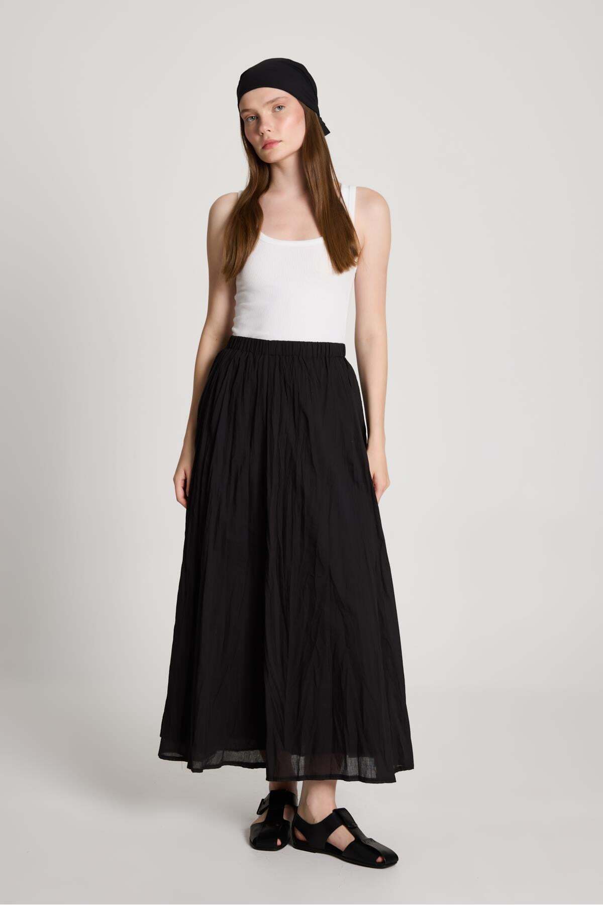 Women's Black Voile Fabric Wrinkled Long Lined Skirt 29062