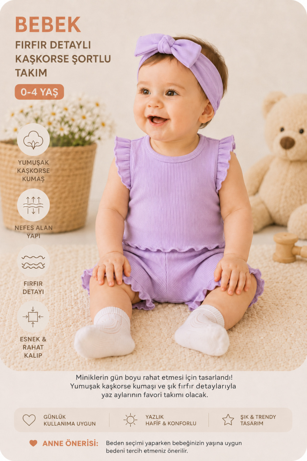 eymwes Baby Girl Summer Rib Knit Fabric Bandana Shorts Set with Ruffled Detail