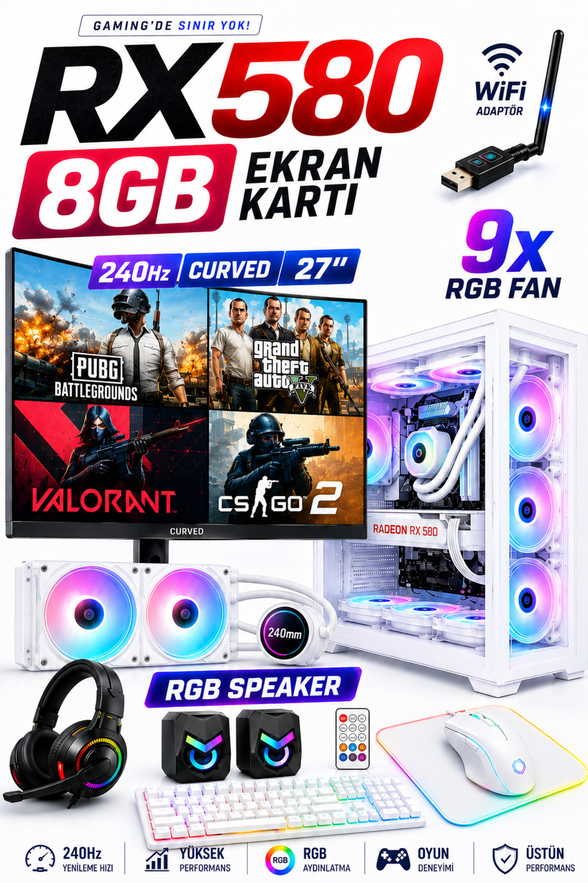 Dmc N153 (PUBG,GTA 5 ) I7 2600,16GB RAM,500GB HDD,256GB SSD,RX580,27''240hz Curved Sıvı Soğutmalı Oyuncu Masaüstü Bilgisayar