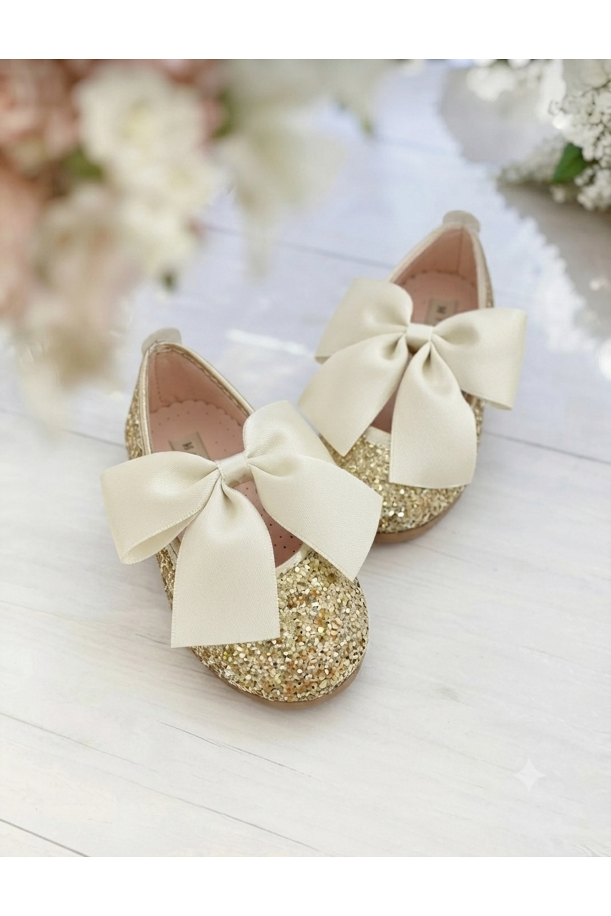 Girl's Orthopedic Stylish Flat Shoes with Gold Sim Bow Tie