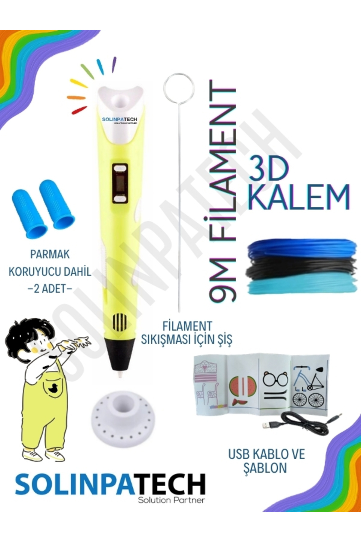 Yellow 3d Pen 3d Pen 3D Printer Pen 3 Colors 9 Meters Filament Usb Cable