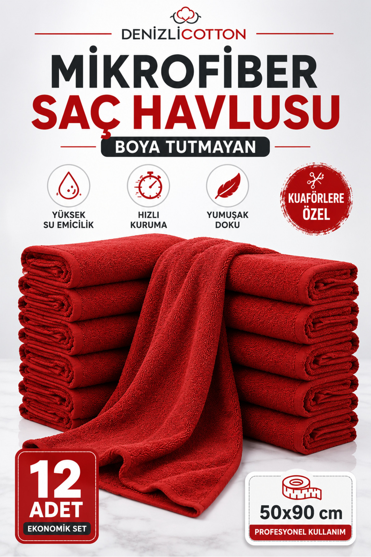 Hair Hairdresser Microfiber Dye-Free Hair Towel 50x90 cm 12-Piece Set Red