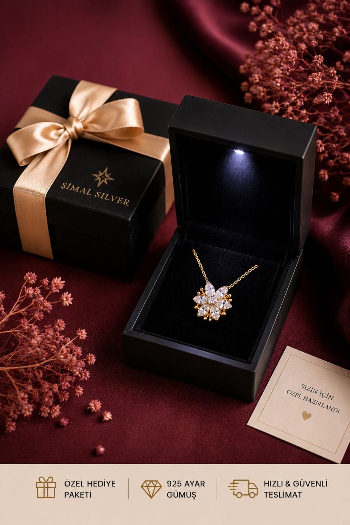 Şimal Silver 925 Ayar Gümüş Altın Kaplamalı Mıknatılı Beyaz Manolya Kolye