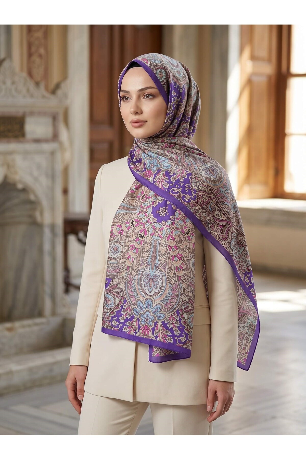 Vissona %100 Saf İpek Şal İnce Saten Vual Dokuma Etnik Desenli Mor - İndigo Renkli 90x210 Şal