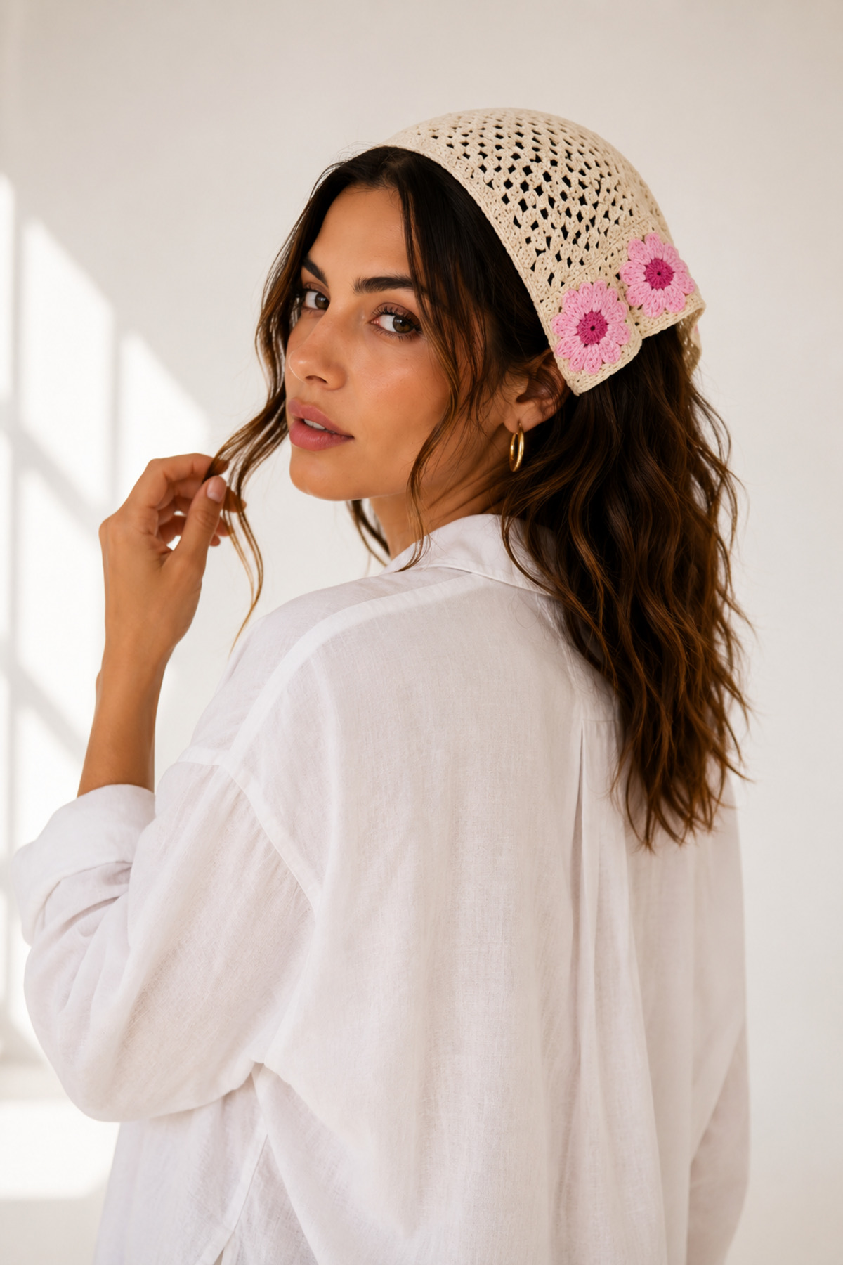Kadın Örgü Bandana Çiçek Motifli Yazlık Bohem Saç Bandanası