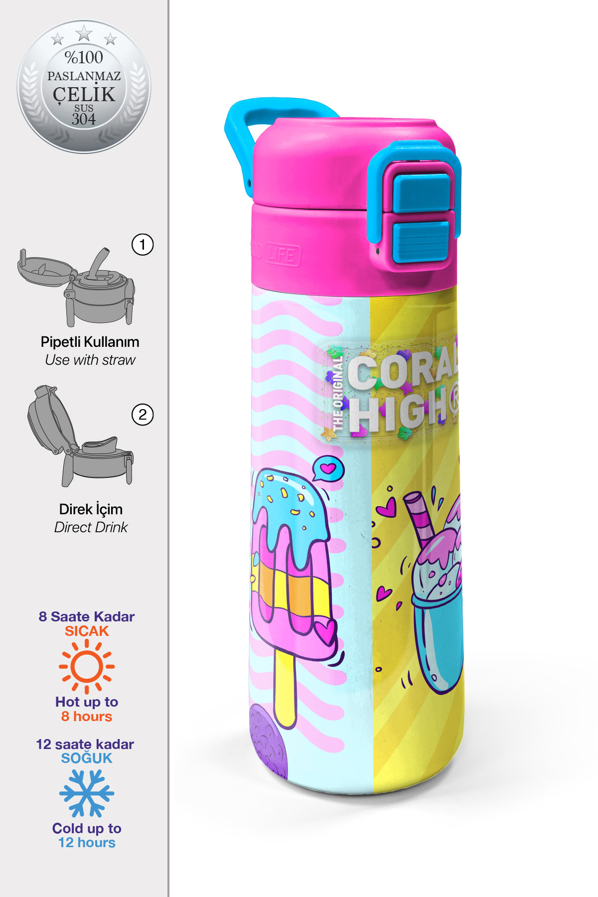 Kids Mixed Dondurma Desenli Pipetli ve Direkt İçim Çelik Termos 500 ml 31809