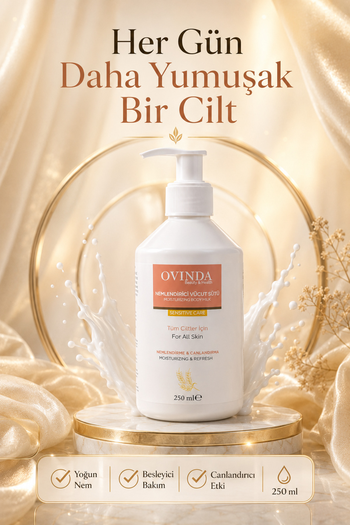 Ovinda Nemlendirici Vücut Sütü Yoğun Nem Bakımı Badem Kuşburnu Buğday Yağı ve E Vitamini Tüm Ciltler 250 ml — OVD-01.03