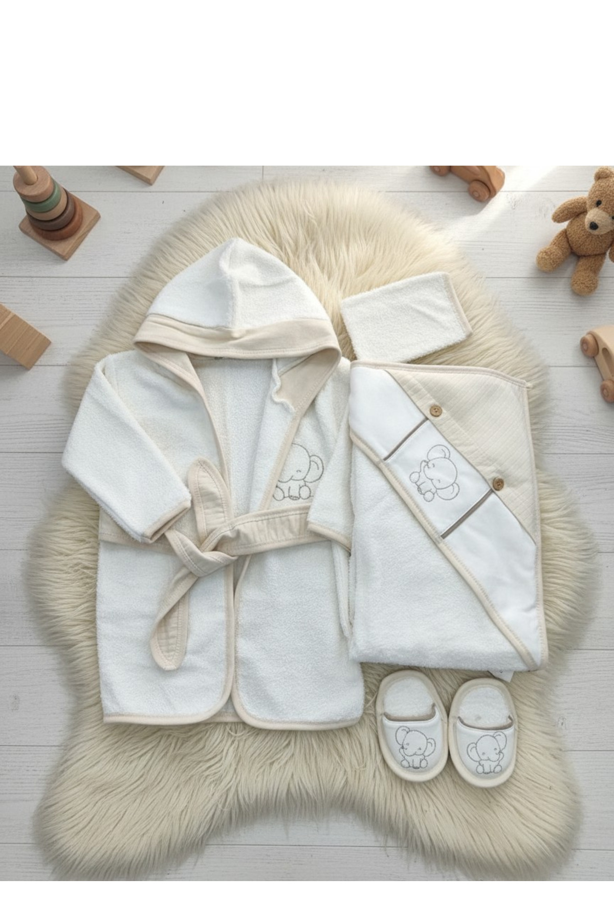4pcs Baby Set Cute Elephant Bathrobe Towel Bootees – 100% Cotton