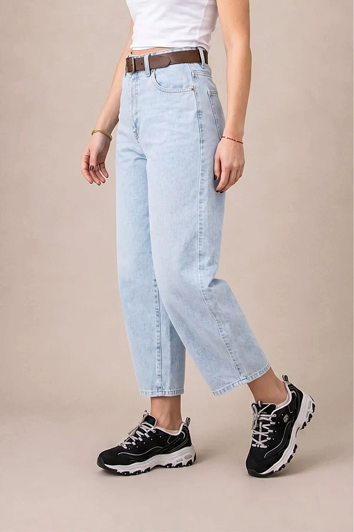 FlexiFit Yüksek Bel Kar Yıkama Baggy Jean Kot Pantolon - Deri Kemer Hediyeli