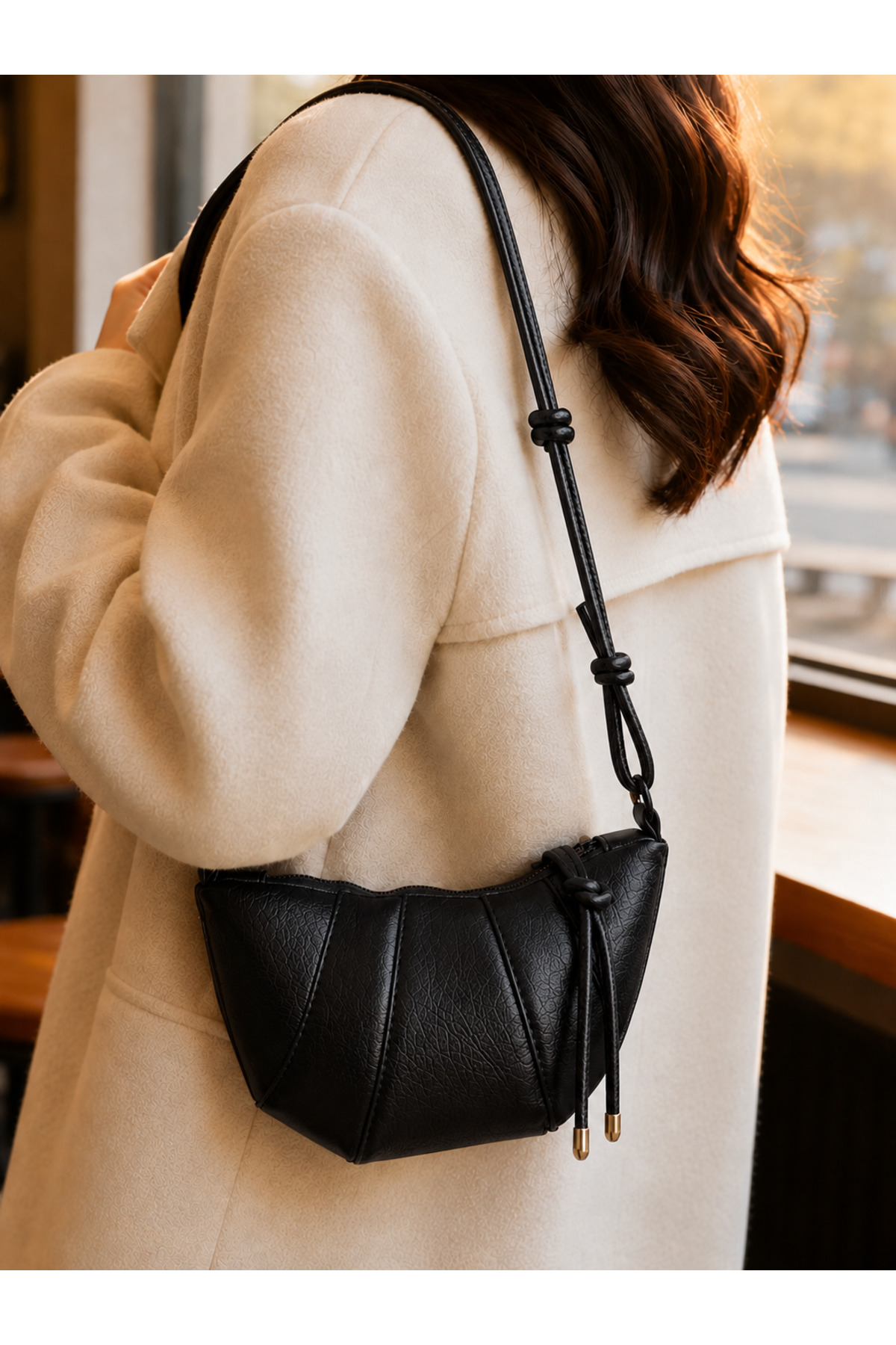 Women's Black Knot Detailed Croissant Model Stylish Shoulder and Armpit Bag