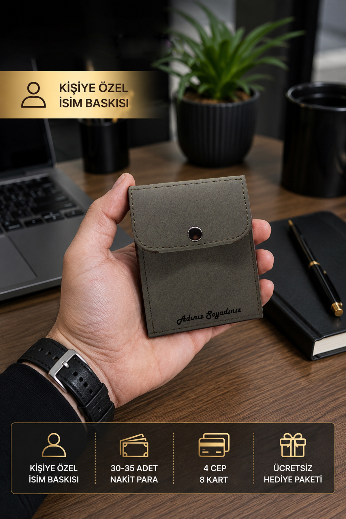 Morika Hotel & Home Textile Kişiselleştirilebilir Özel Tasarım Süet Suni Deri Erkek/Kadın Unisex Cüzdan - Haki