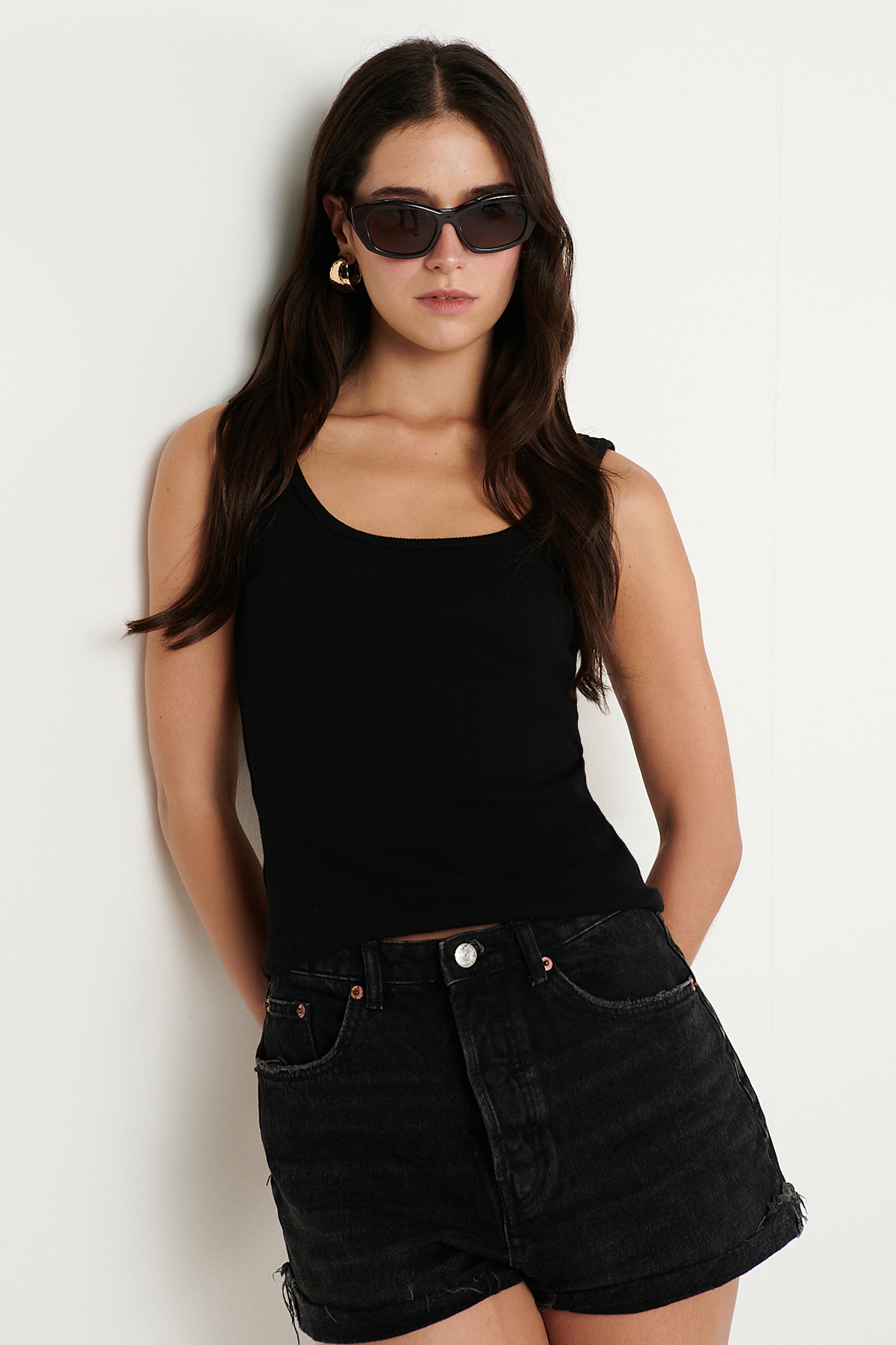 Women's Black Cotton Camisole Soft Textured Stretch Bodysuit Slim Fit Slim Fit Crew Neck