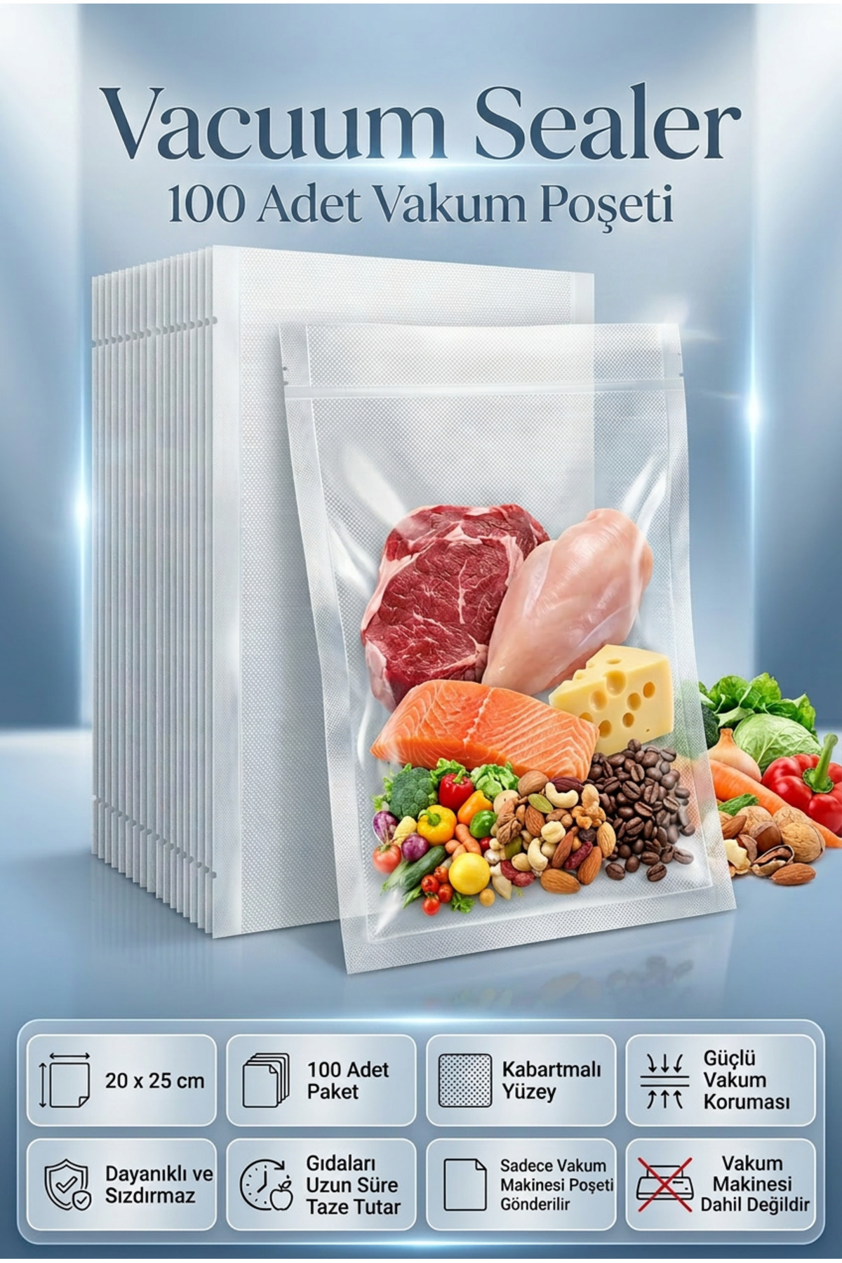 Vacuum Sealer 100 Adet 20x25 cm Vakum Poşeti Tüm Cihazlarla Uyumlu Vakum Makinesi Gıda Saklama Poşeti Süpürge