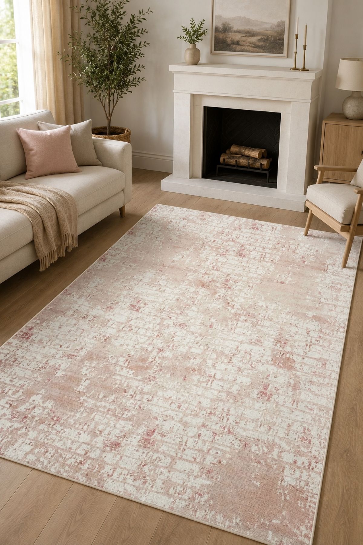 Abstract Patterned Washable Anti-Slip Base Light Cream Beige Chenille Lounge Rug 4107