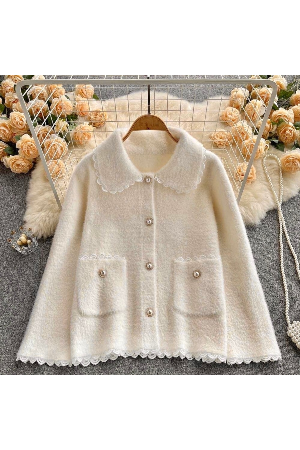 NATUFIAN STORE Kadın Sakallı Kenarları Dantelli Yumuşacık Triko Basic Hırka