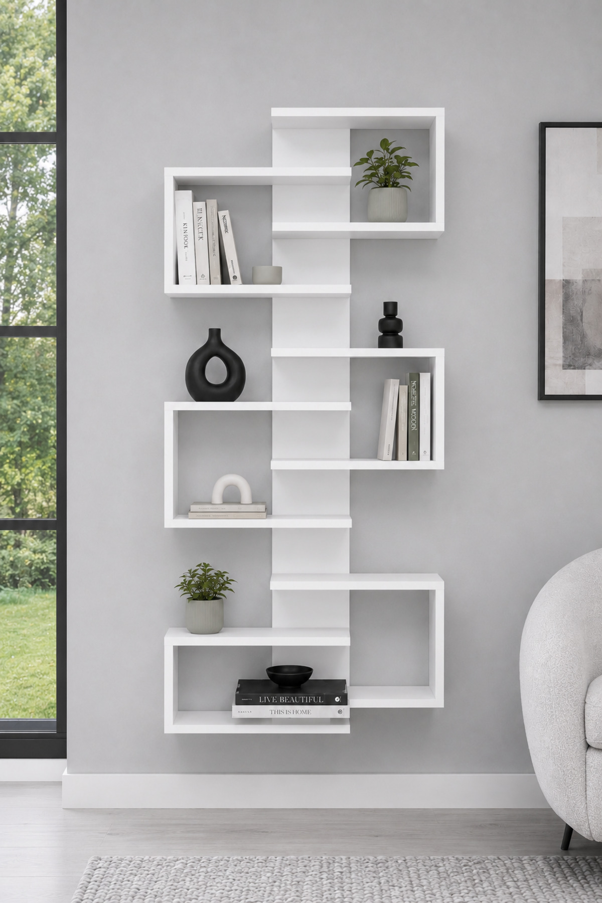 Lotus 6 Shelf Wall Mounted Bookshelf White | Decorative Wall Shelf and Bookshelf