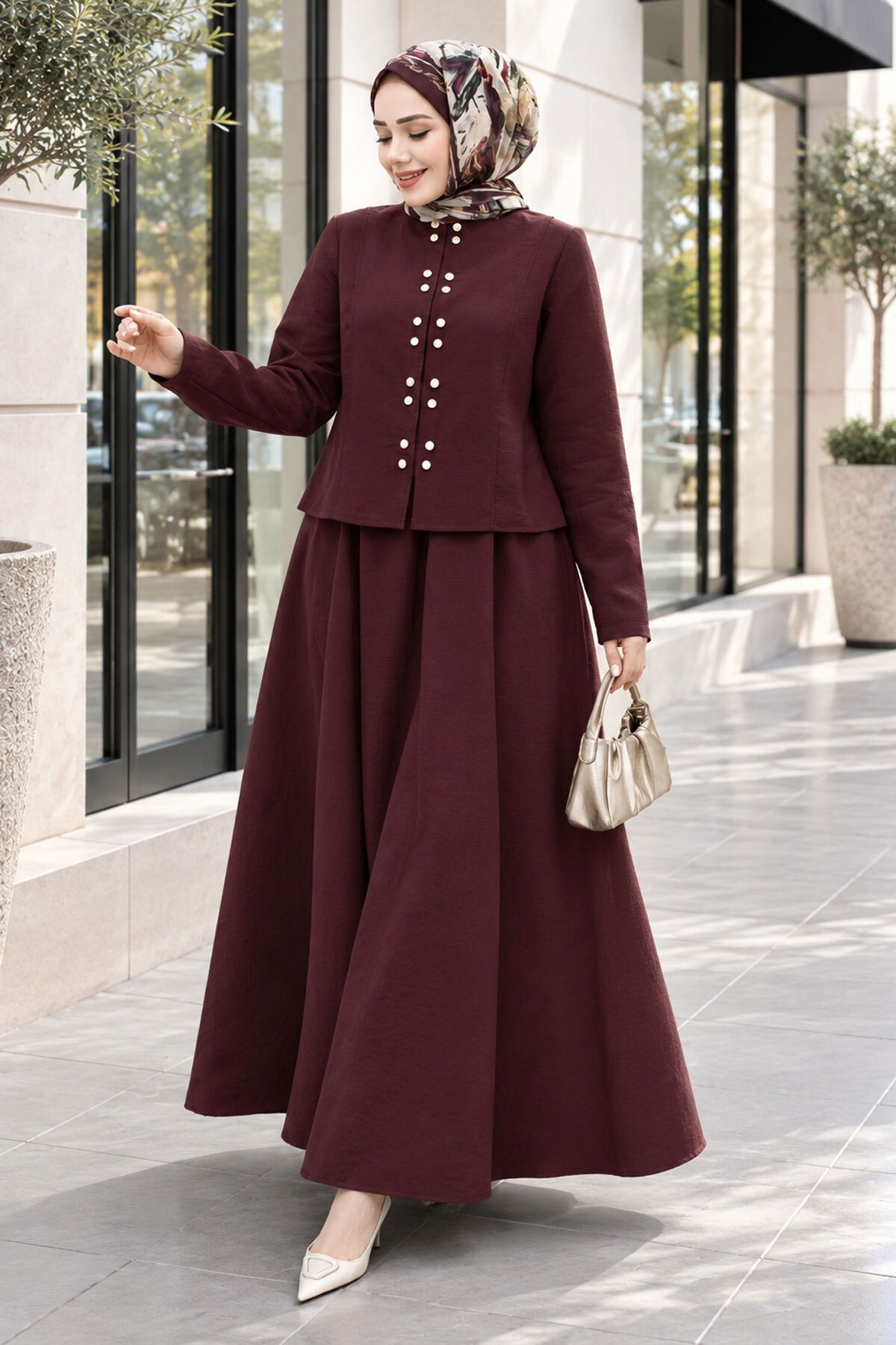Tesettür Dünyası Gold Snap Fastener Skirt Set Tsd260156 Claret Red