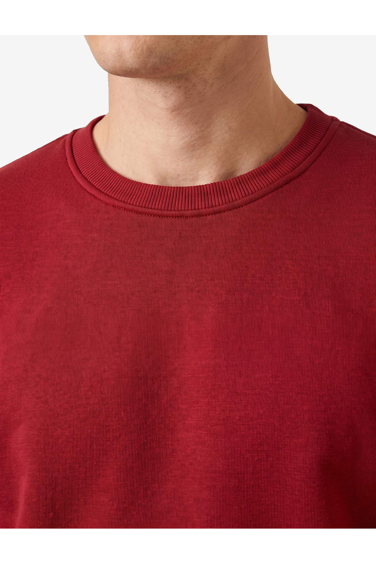 Pamuklu Uzun Kollu Şardonlu Bisiklet Yaka Erkek Basic Sweatshirt — قرمز 7WAM70002MK — تصویر 4 از 7