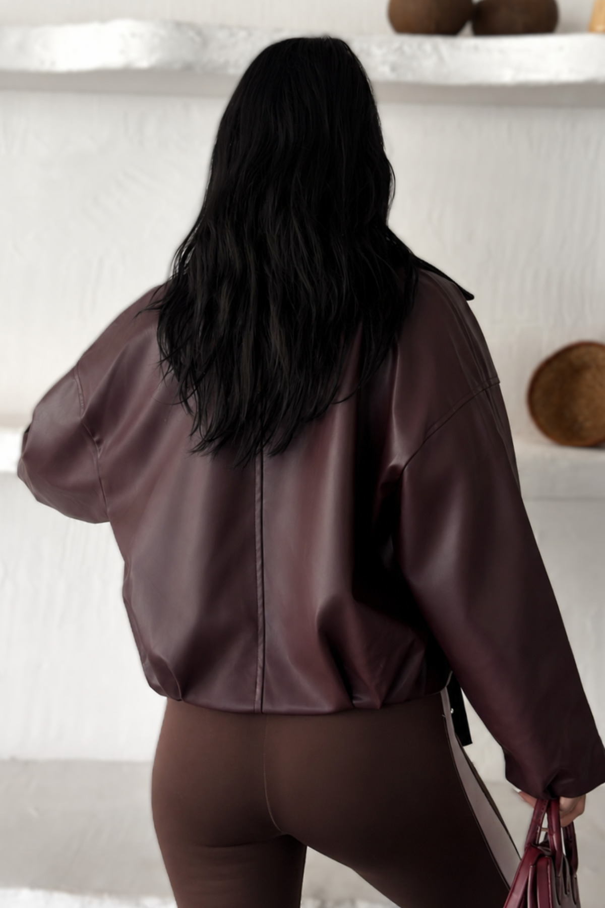 moda armanc Kadın Oversize Bomber Suni Deri Ceket | Yeni Sezon Kemerli Biker Ceket görsel 7