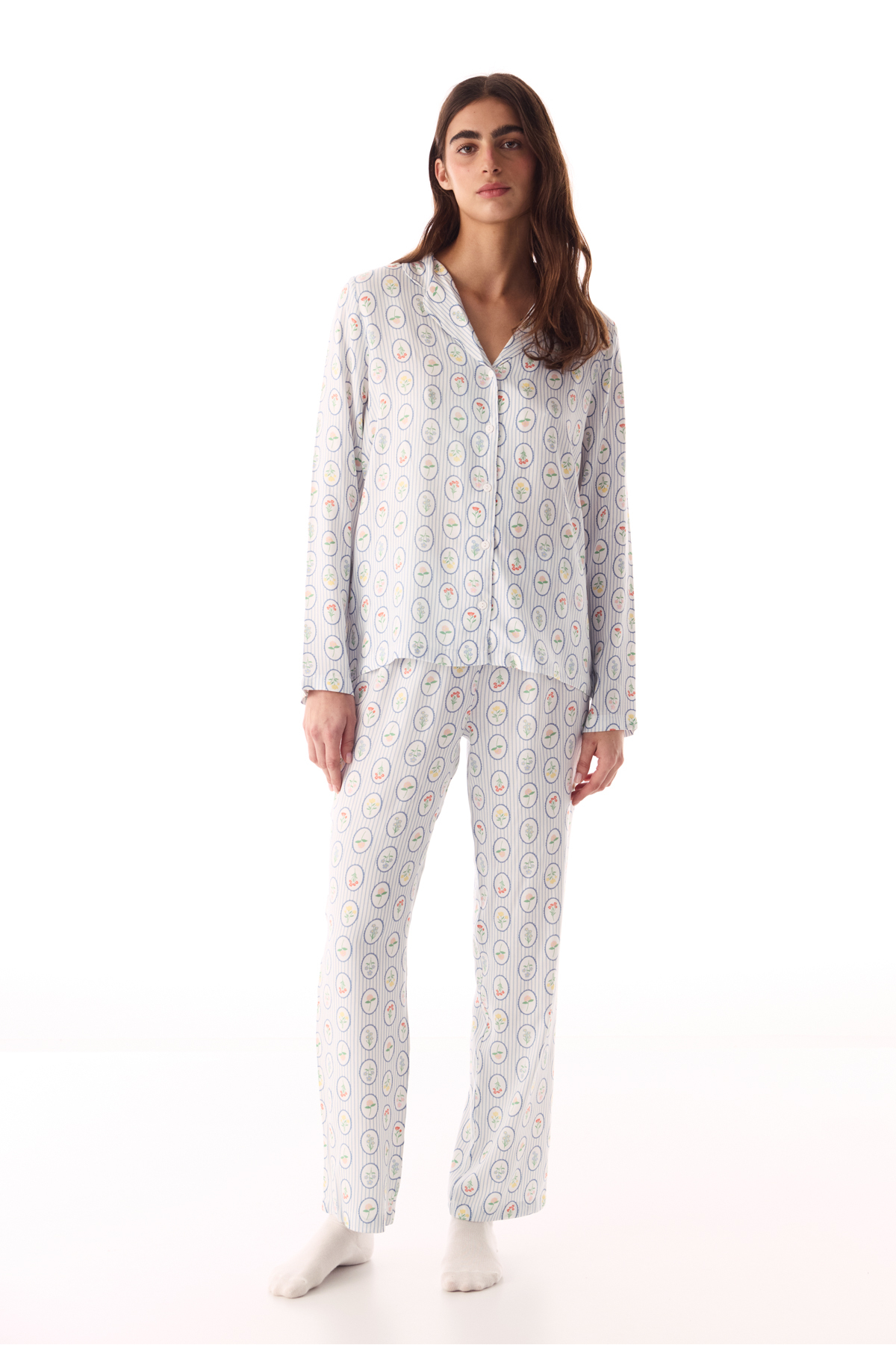 Penti Off-White Cute Flowers Buttoned Shirt and Pants Pajama Set