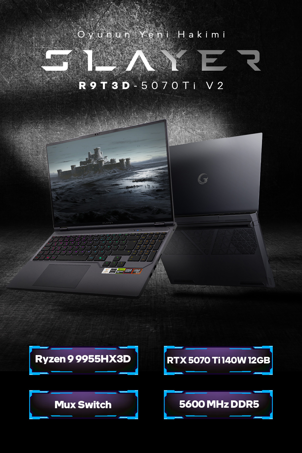 Game Garaj Slayer R9T3D-5070Ti V2 C4 AMD Ryzen 9 9955HX3D 32 GB RAM 1TB SSD RTX5070Ti 16" 300Hz QHD+ IPS FreeDOS Gaming Laptop İşlemci