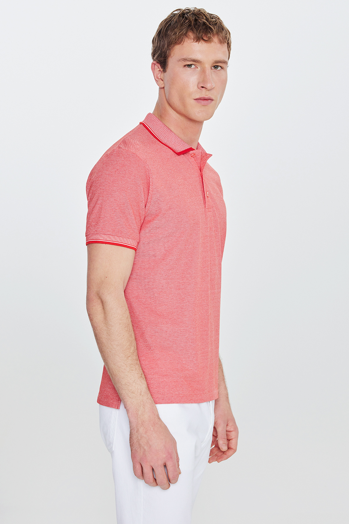 AC&Co / Altınyıldız Classics Erkek Çekmeyen Pamuklu Kumaş Slim Fit Dar Kesim Narçiçeği-Beyaz Kıvrılmaz Polo Yaka Tişört görsel 6