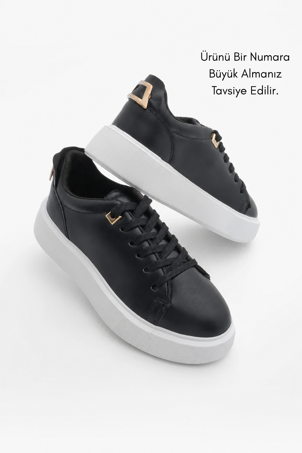 Marjin Kadın Sneaker Kalın Taban Altın Toka Detaylı Bağcıklı Spor Ayakkabı Rofke Siyah