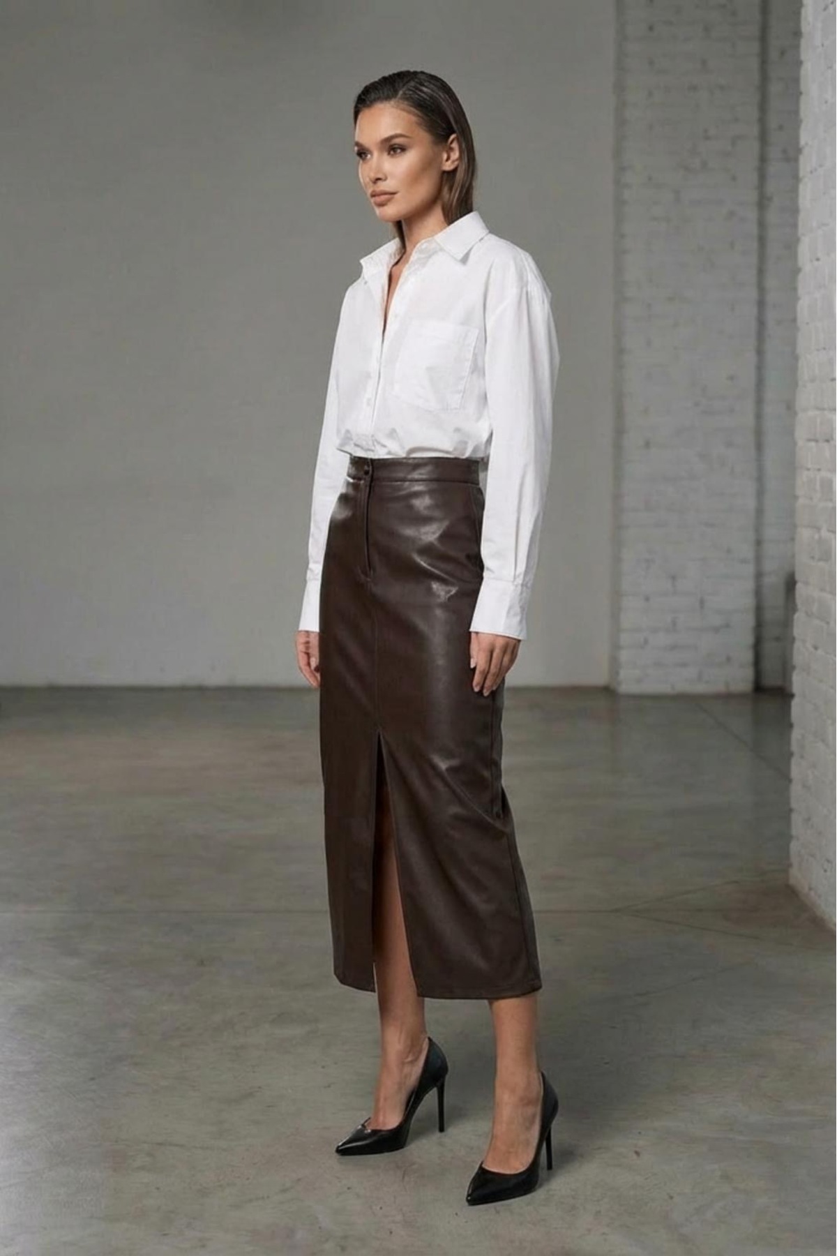Grenj Fashion Kahverengi Yırtmaçlı Suni Deri Yüksek Bel Maxi Etek görsel 6