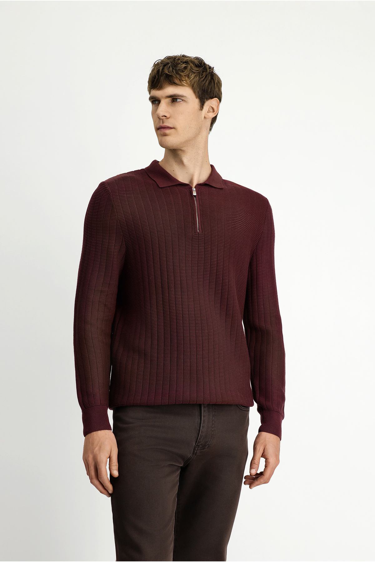 Kiğılı Polo Yaka Regular Fit Desenli Fermuarlı Pamuklu Triko Kazak görsel 5