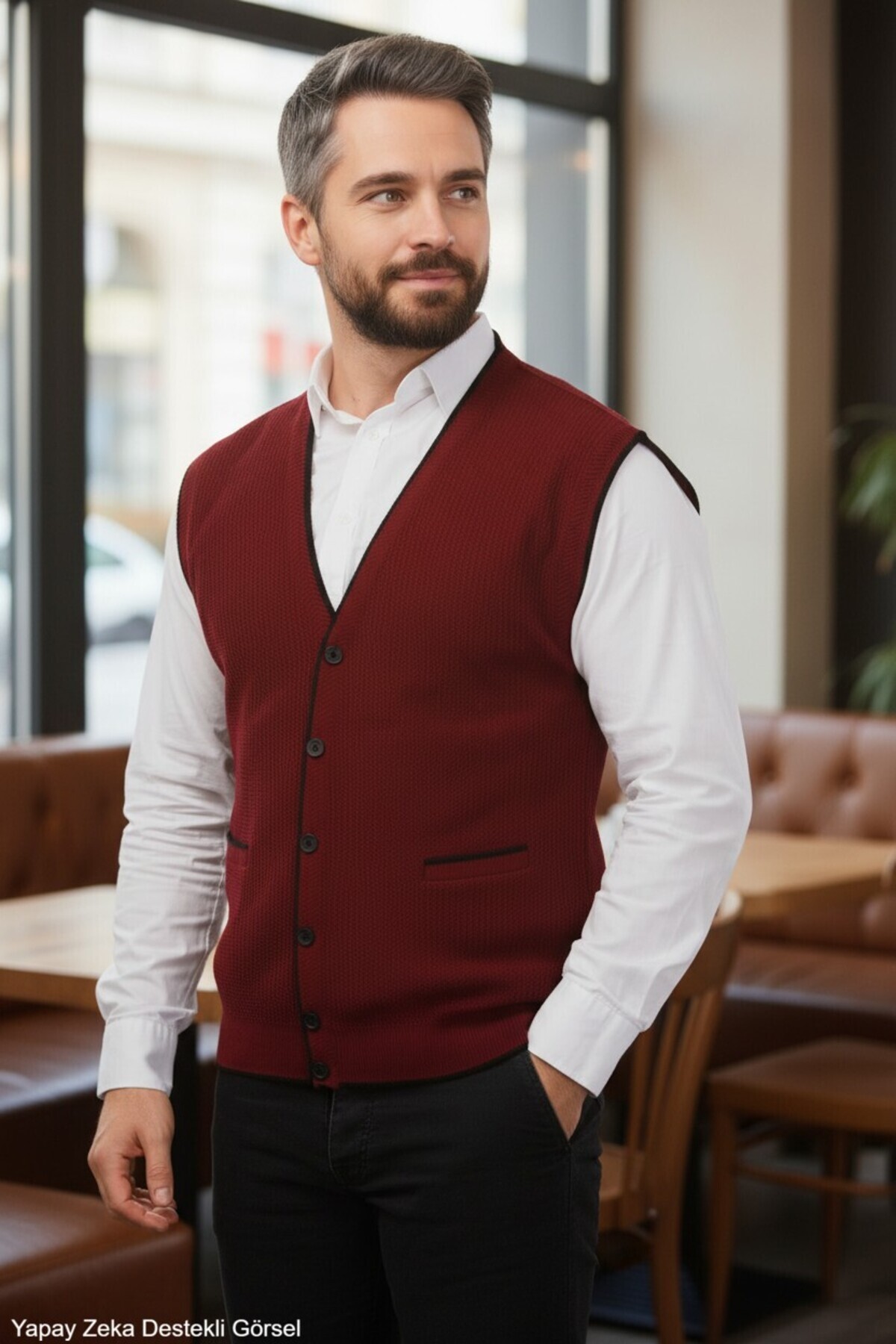 Kamalı Erkek Bordo V Yaka Triko Düğmeli Cepli Çizgi Desenli Regular Fit Tüylenmeyen Örgü Yelek görsel 5