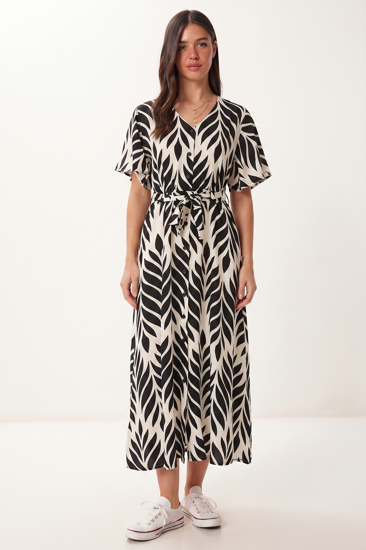 Patterned Belted Viscose Shirt Dress LRN0046 BLACK ECRU