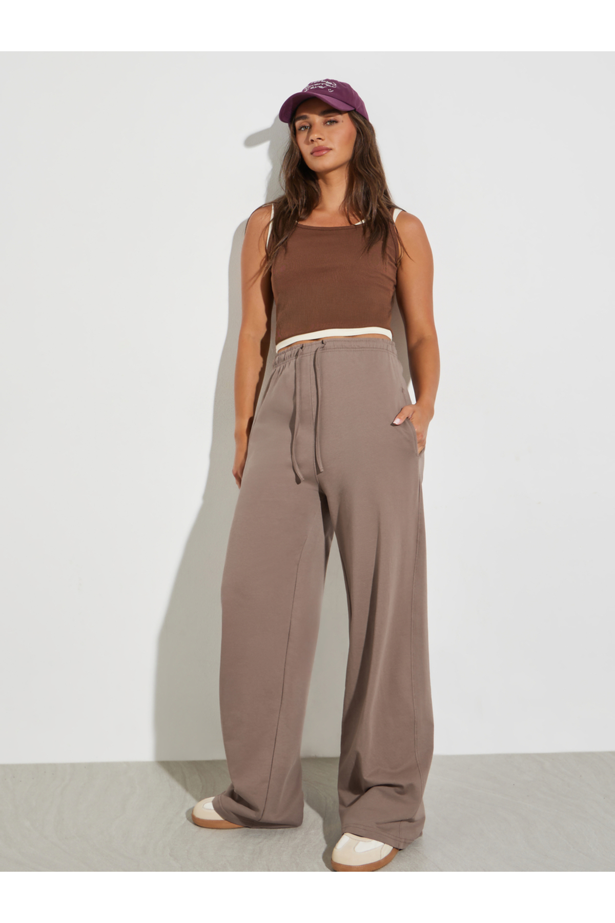 Styli Brown Wide Leg Joggers with Drawstring