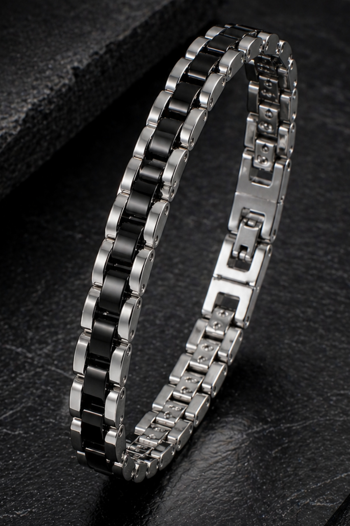 Men's Stainless Steel Bracelet Black Detailed Chain Model Modern Stylish Durable Design