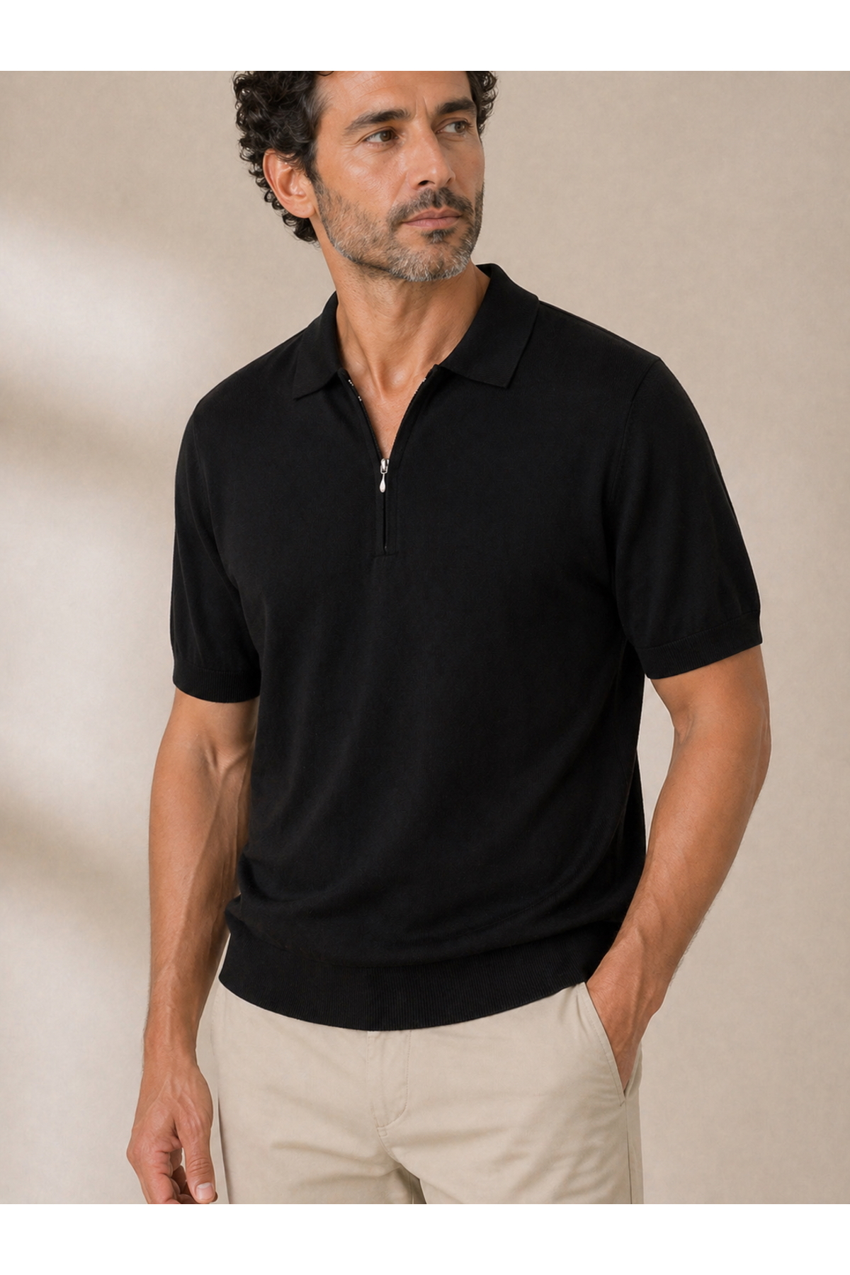 Hateko Half Zipper Premium Black Polo Collar Knitwear T-Shirt - Cotton & Tencel