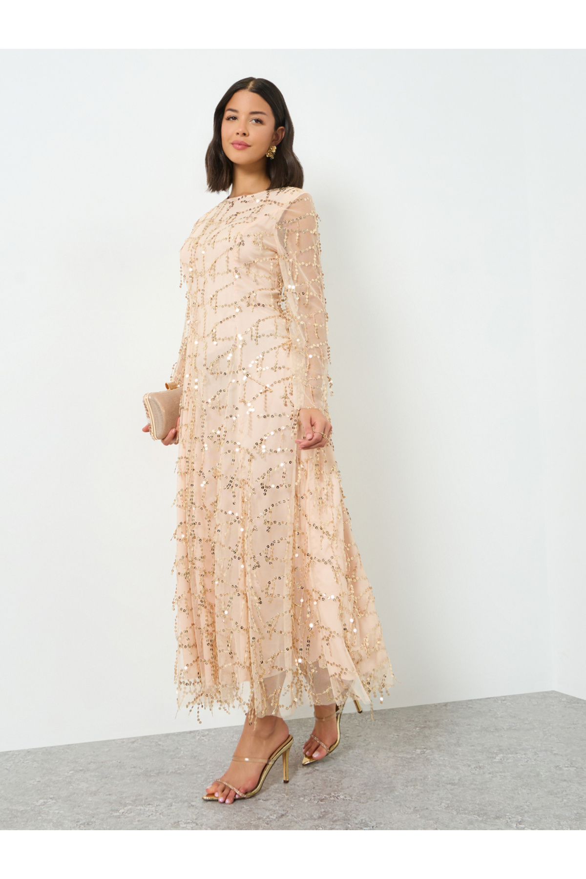 Styli Beige Sequin Maxi Dress with Long Sleeves