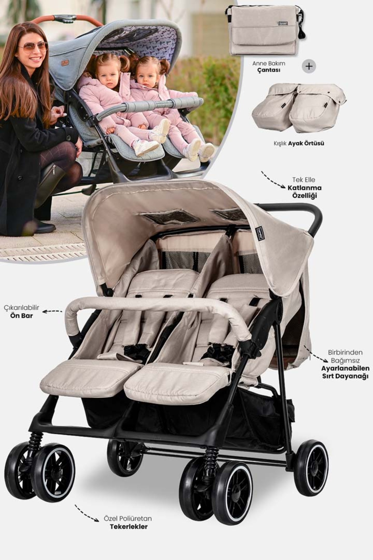 Twin Twin Stroller – Beige