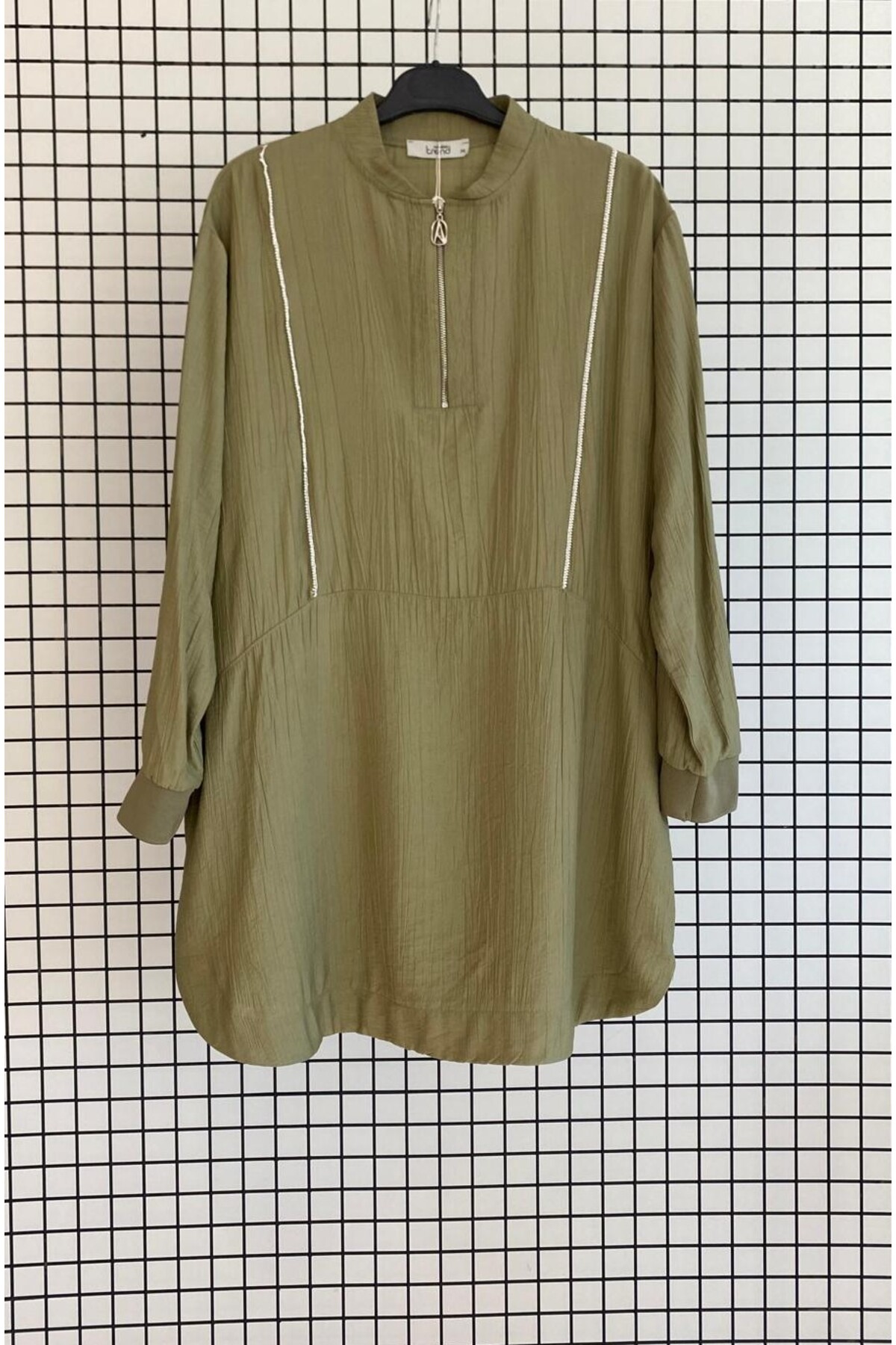 Trendy Zippered Stone Striped Natural Fabric Wide Mold Summer Hijab Tunic