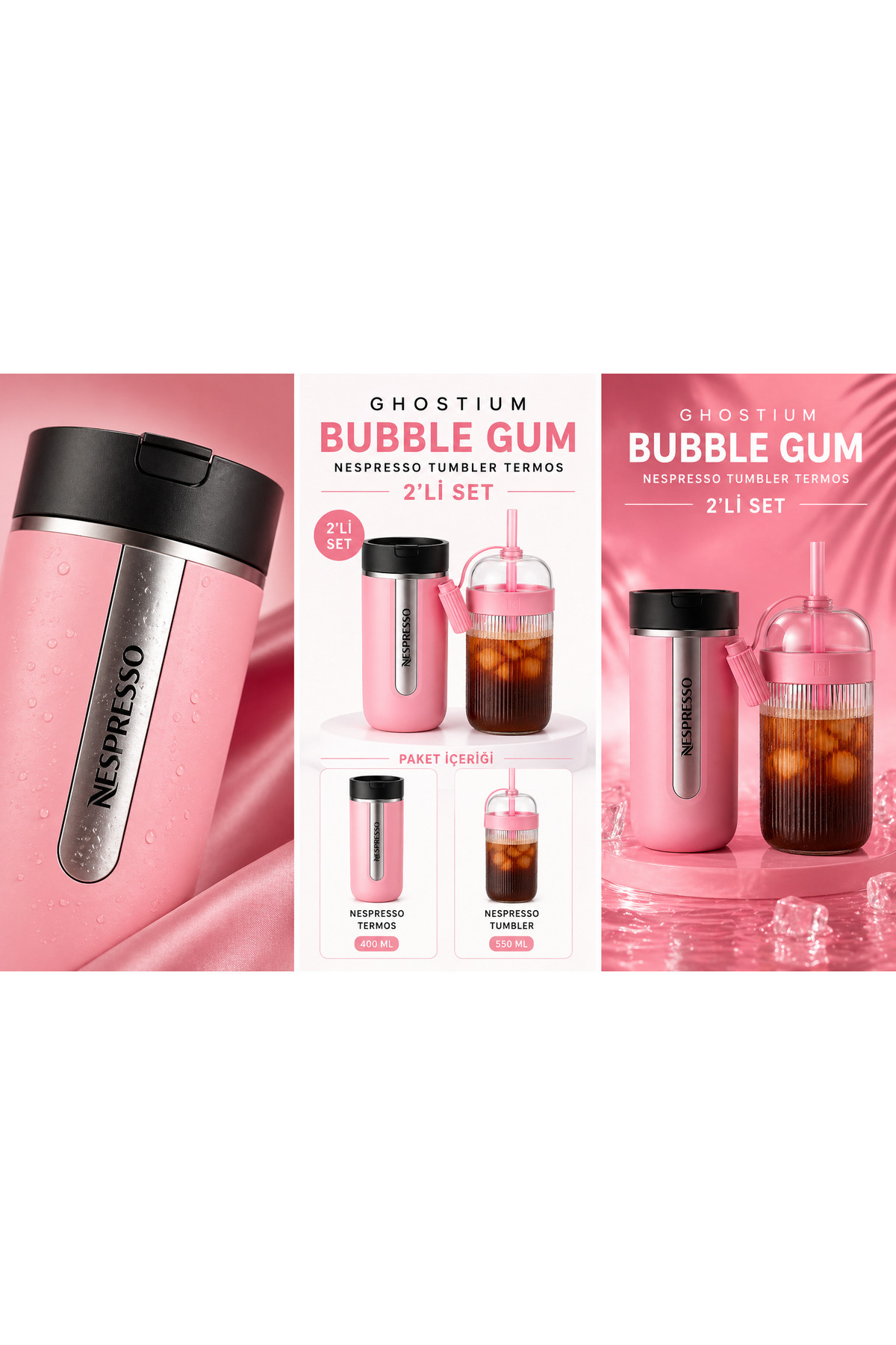 Nespresso Tumbler & Termos Set Travel Mug Bubble Gum ( Pembe ) X2